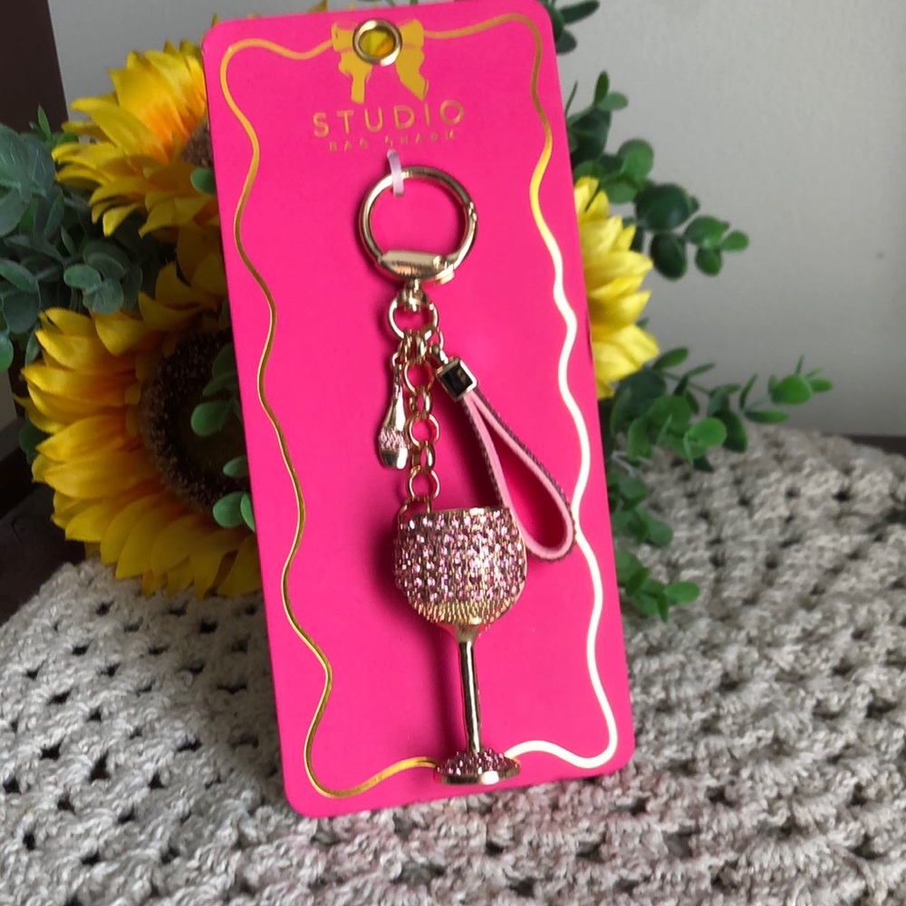 Studio Pink and Gold Wine Glass Key Holder Bag Charm